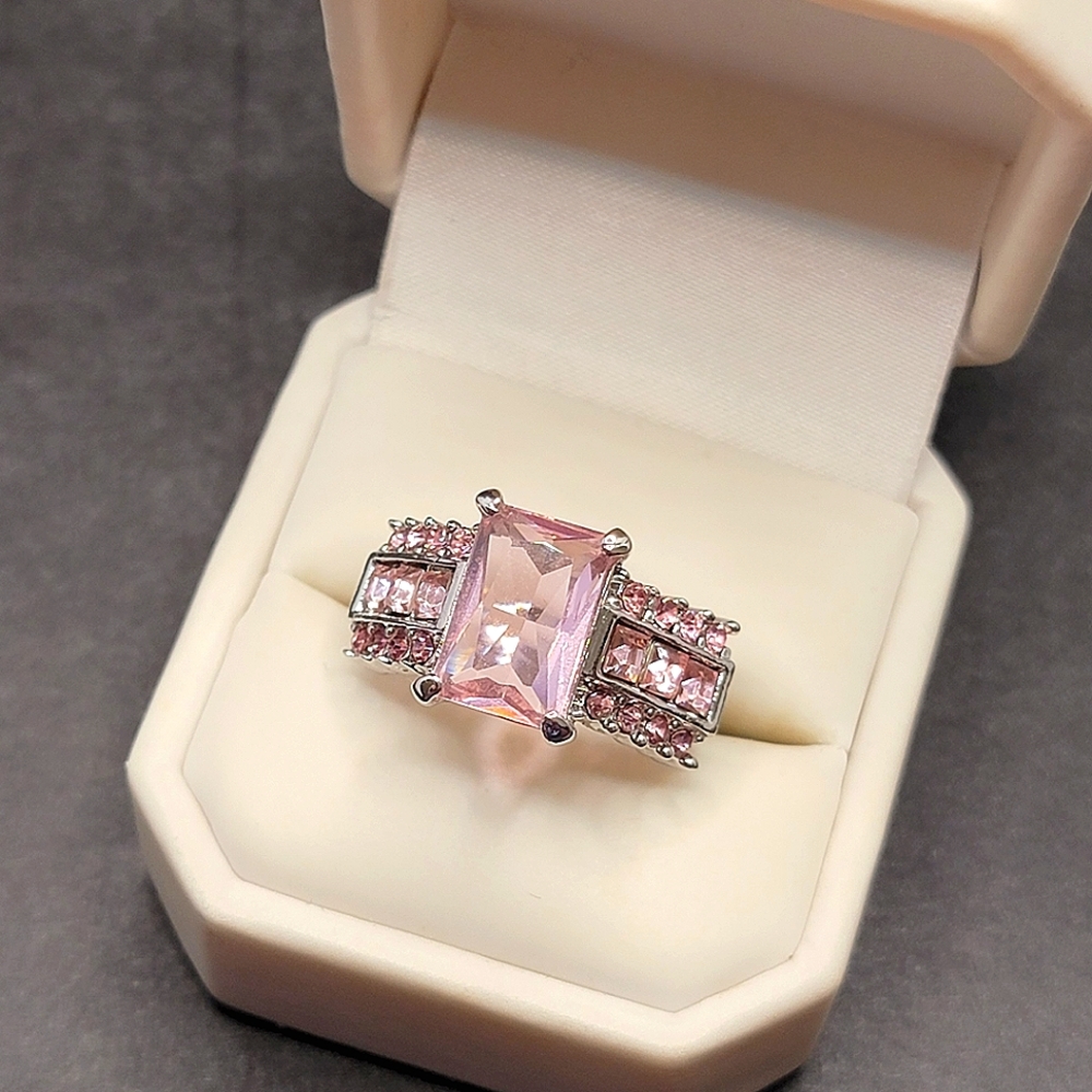 Silver Tone Simulated Pink Gemstone Ring